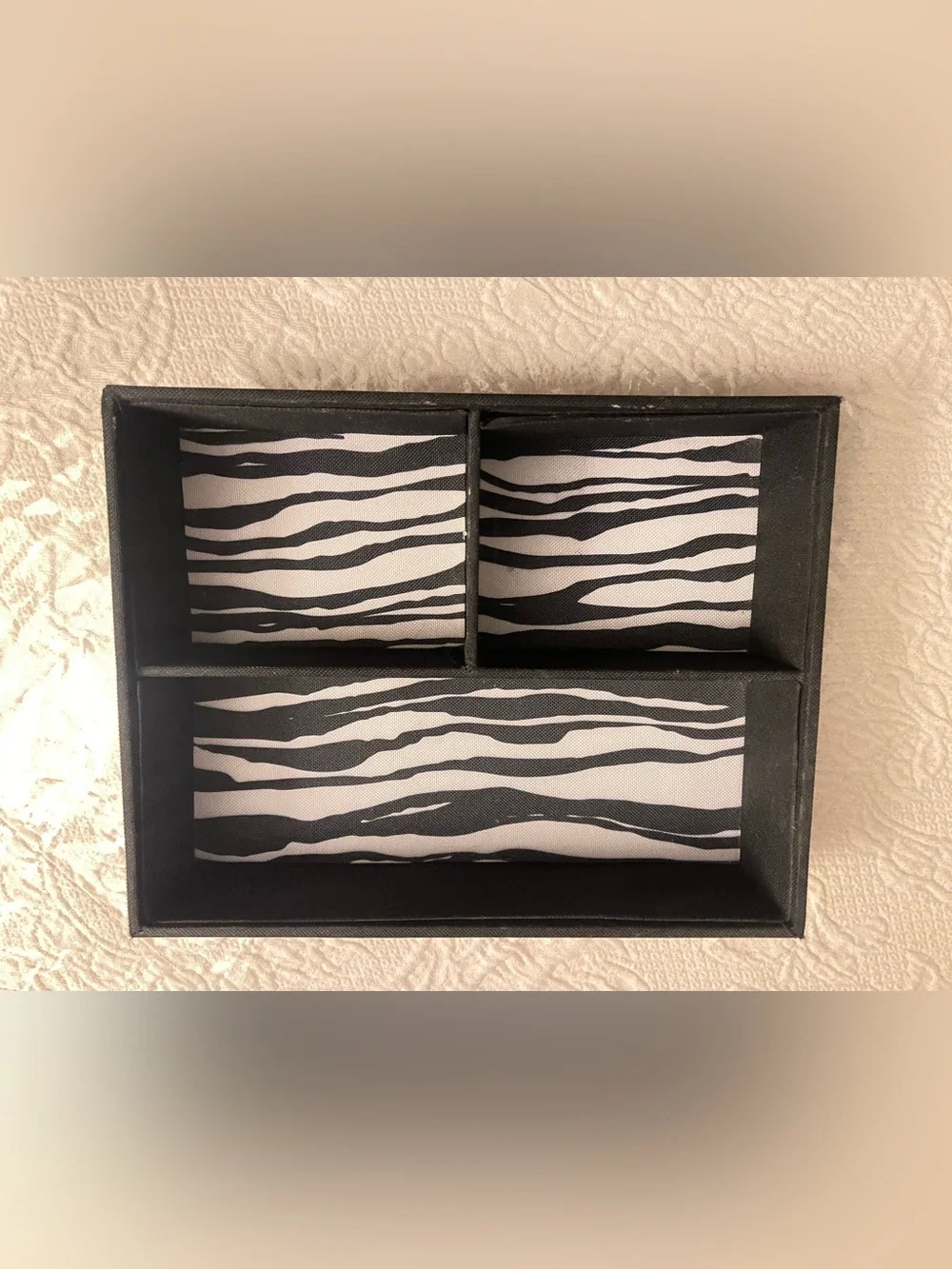 Two Zebra Print Fabric Drawer Organizer & Chevron Jewelry Organizer.